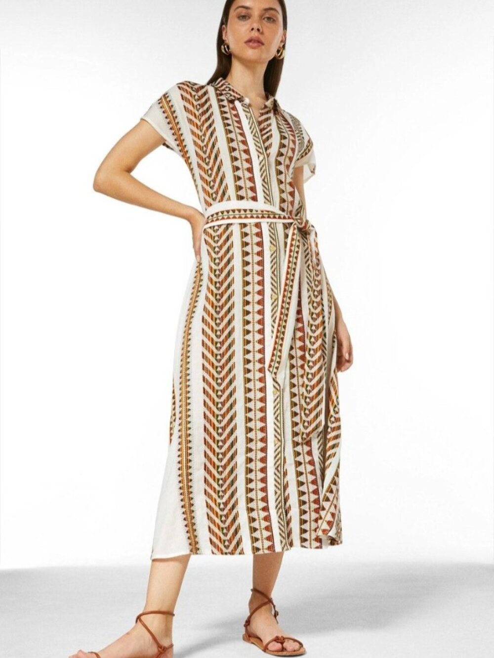 Karen Millen Abstract Stripe Tie Waist Woven Midi Dress